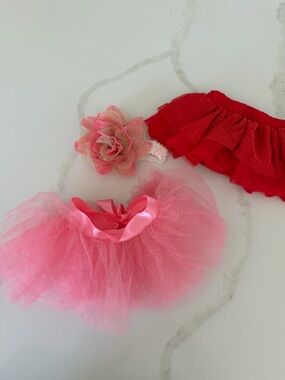 Pink Tulle Baby/Toddler Tutu with Red Ruffle Headband and Pink Flower